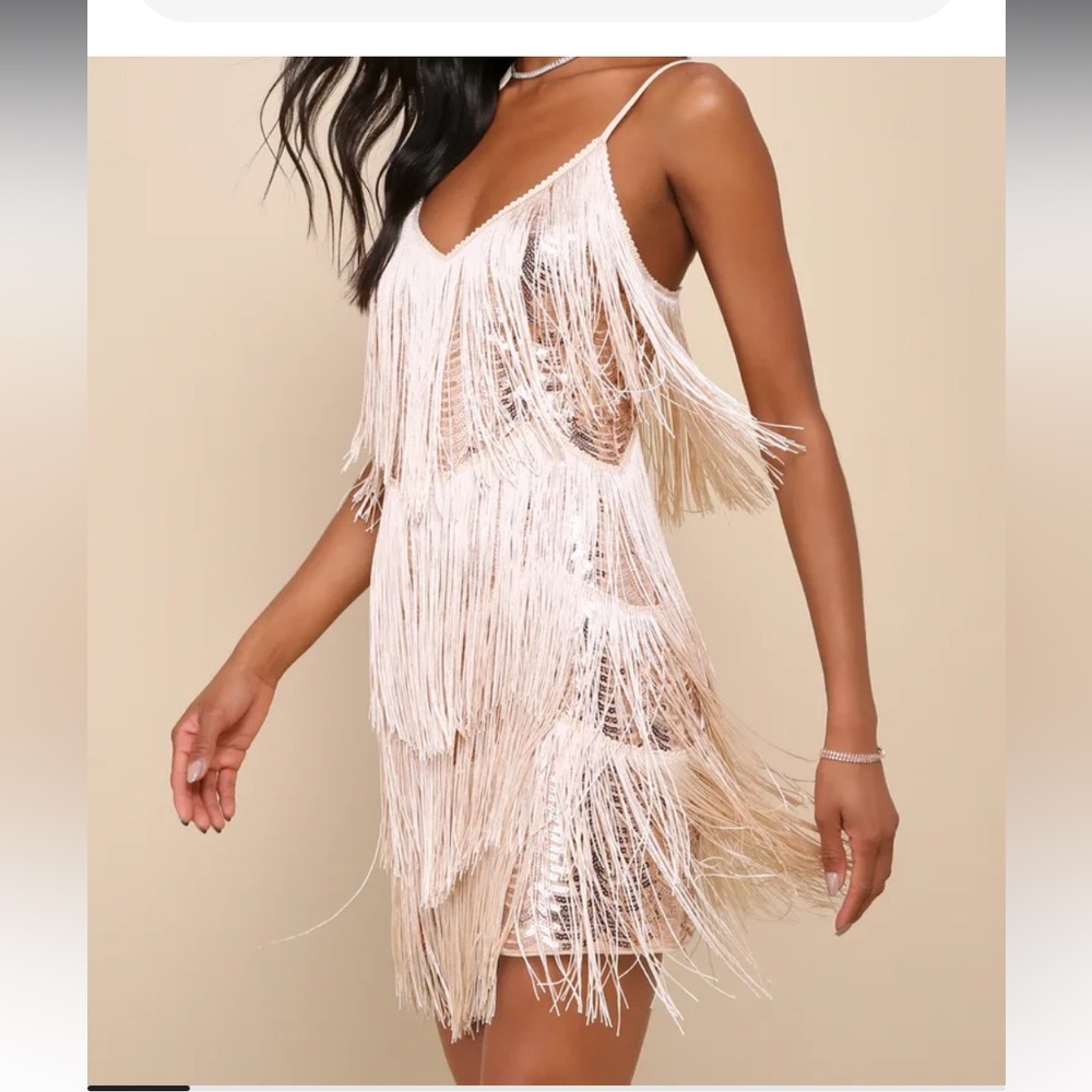 Lulu’s Get in the Groove Champagne Sequin Fringe Bodycon Dress in Gold